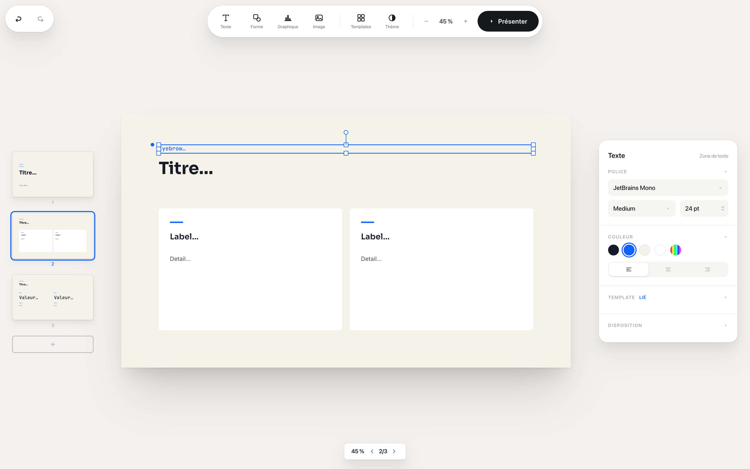 Actual Decktype interface with slide navigator, canvas and inspector