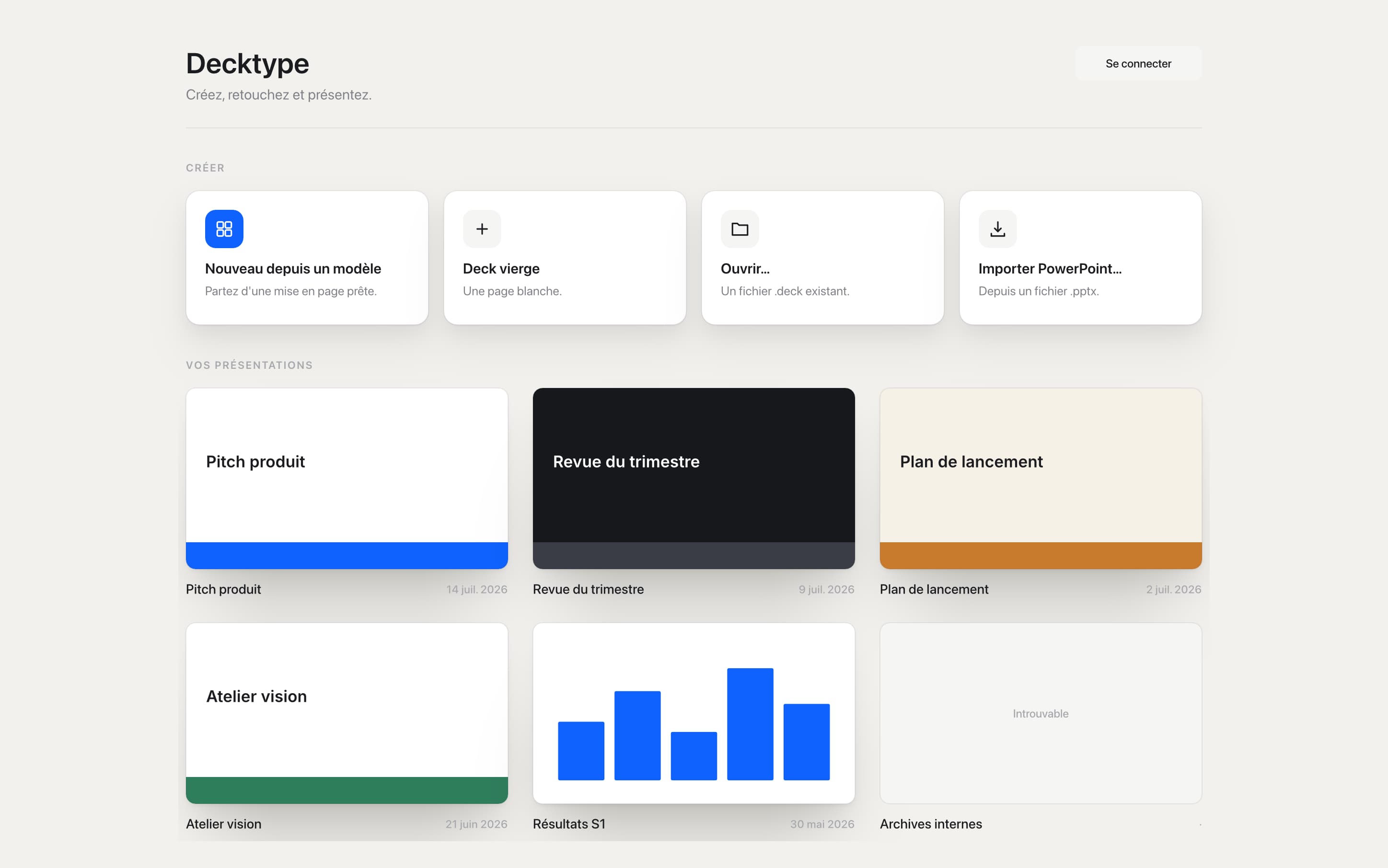 Actual Decktype home screen with recent presentations